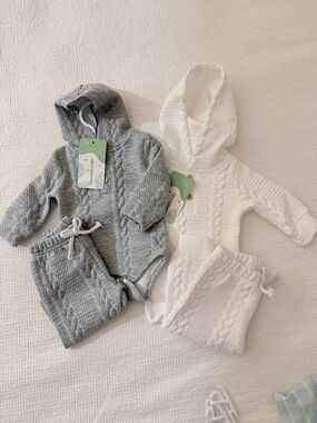 2-Pack Set - Cable-Knit Hooded Baby Set - Gray & White